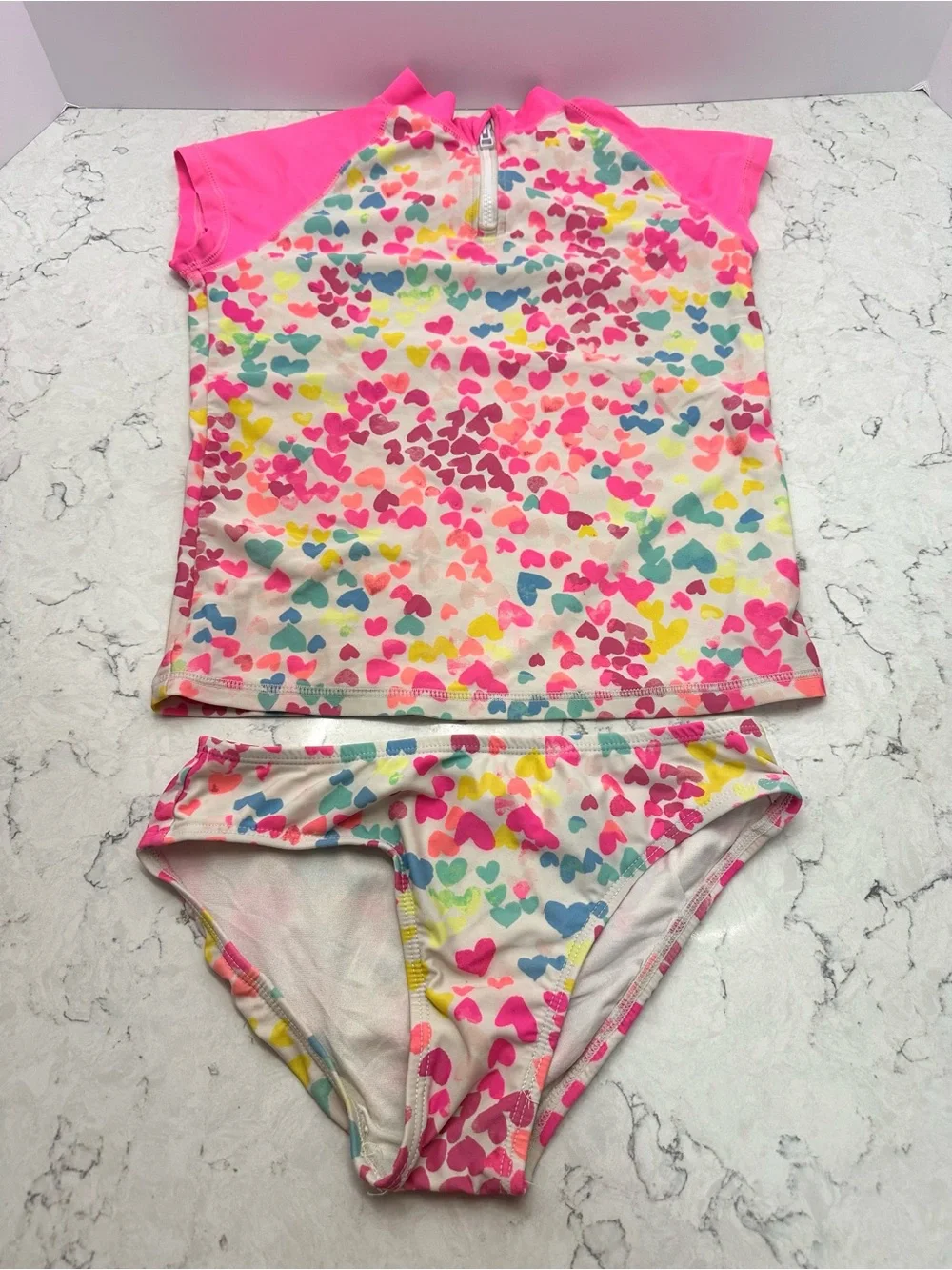 Children's Place Girls Rash Guard Swimsuit Size 7/8 2-Piece Short Sleeve Hearts